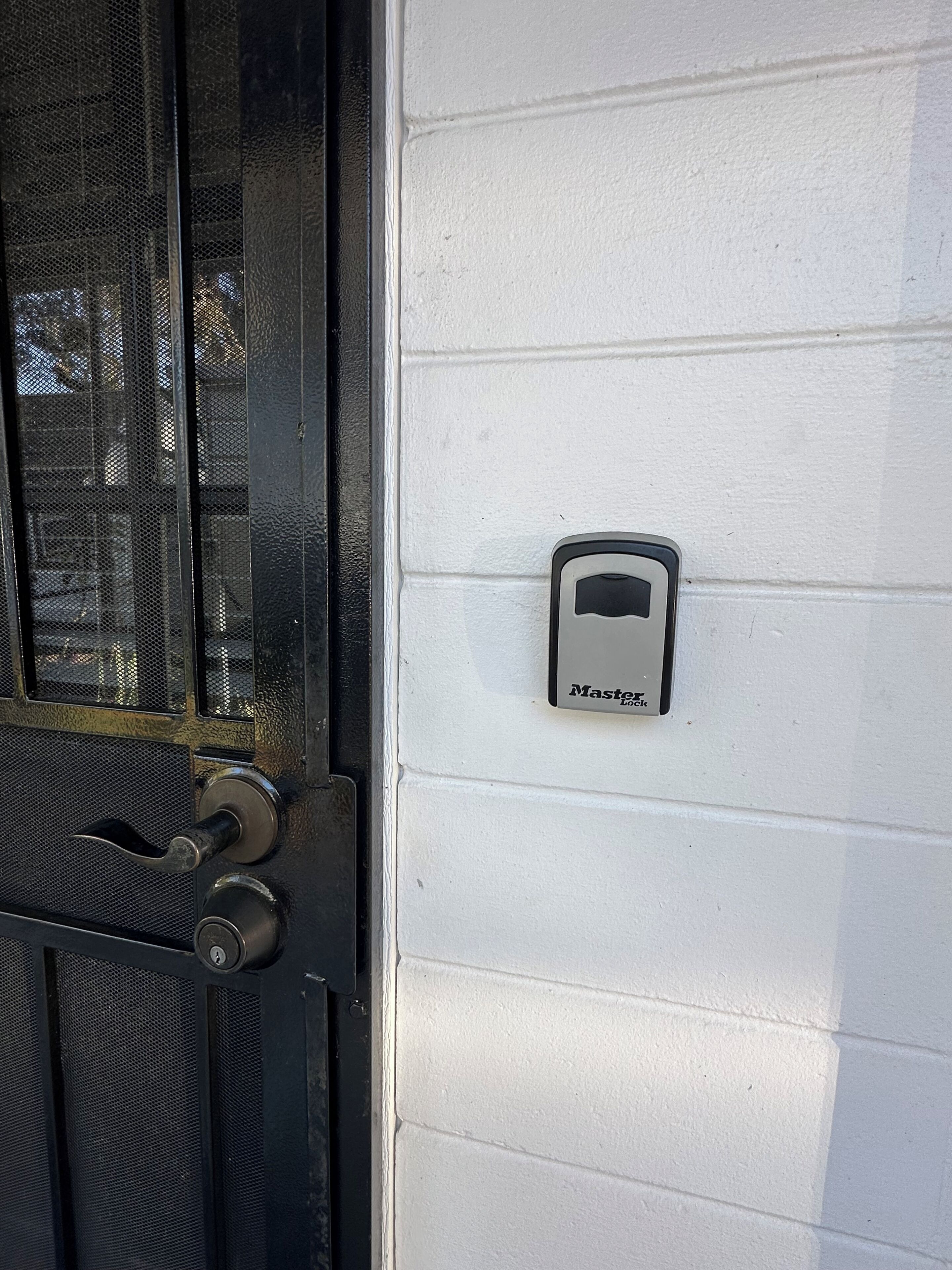 A door with a security keypad and a mesh screen.