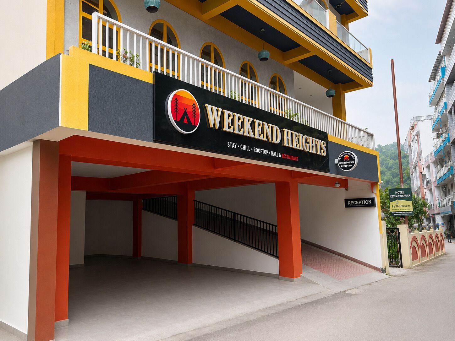 A hotel with a balcony, reception area, and signage indicating amenities like stay, chill, rooftop, hall, and restaurant.