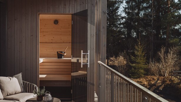 A wooden deck with a sofa, a small table, and a ladder leading to an upper level. - DAS AICH - Suite Luma (Aich-Assach)