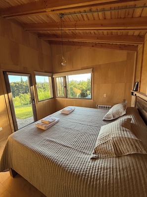 A bedroom with a large bed, two windows, and a hanging light fixture.