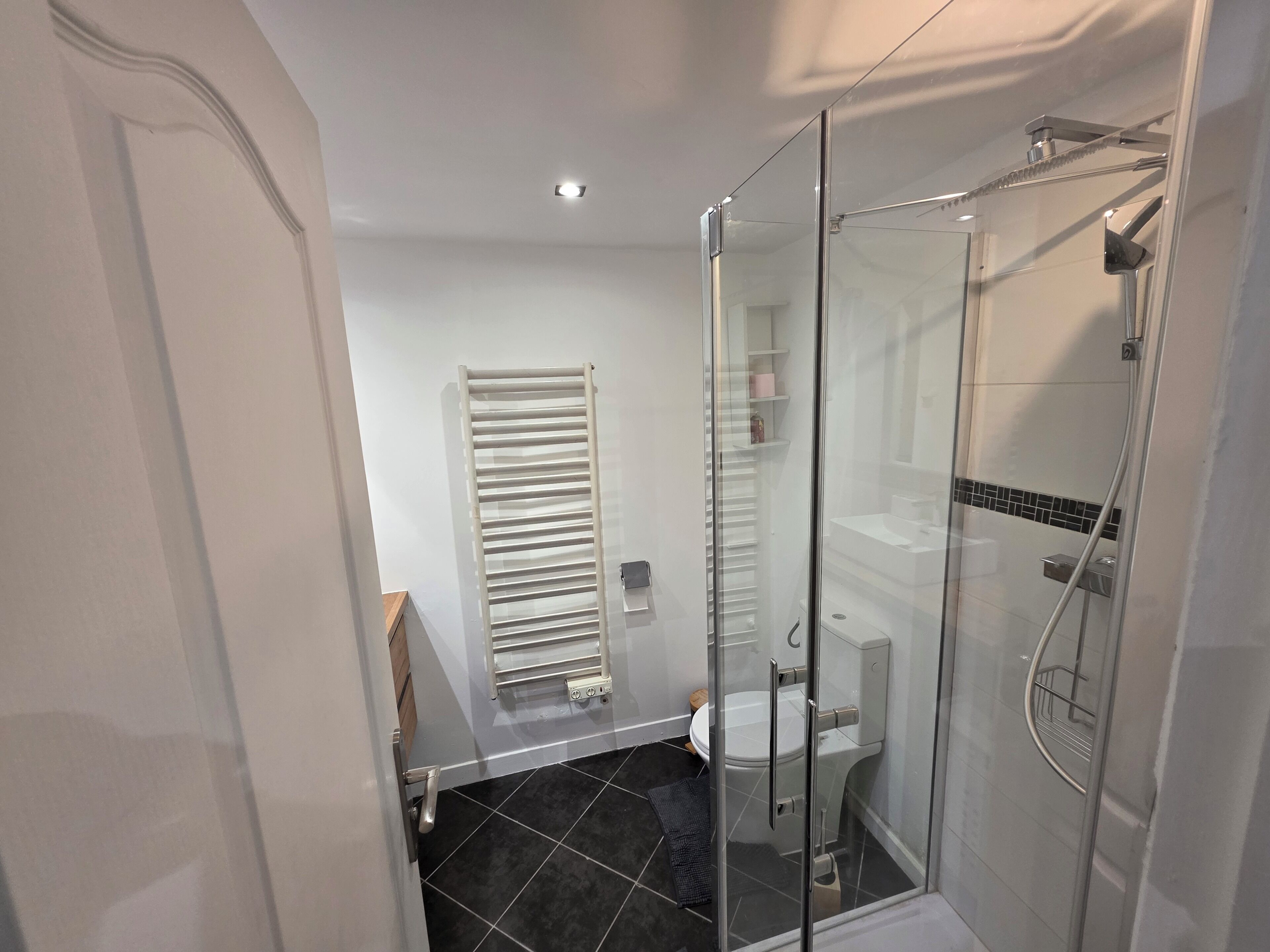 A modern bathroom with a glass shower enclosure, a toilet, and a towel rack.