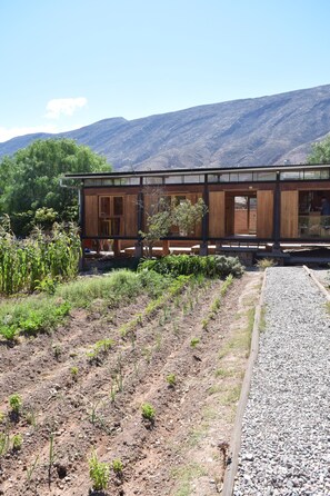 A wooden building with a glass facade, surrounded by a gravel path and vegetation, with mountains in the background. - Glamping Tilcara El Obrador (Tilcara)