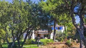 Una casa de exterior blanco con detalles azules, rodeada de abundante vegetación y árboles.