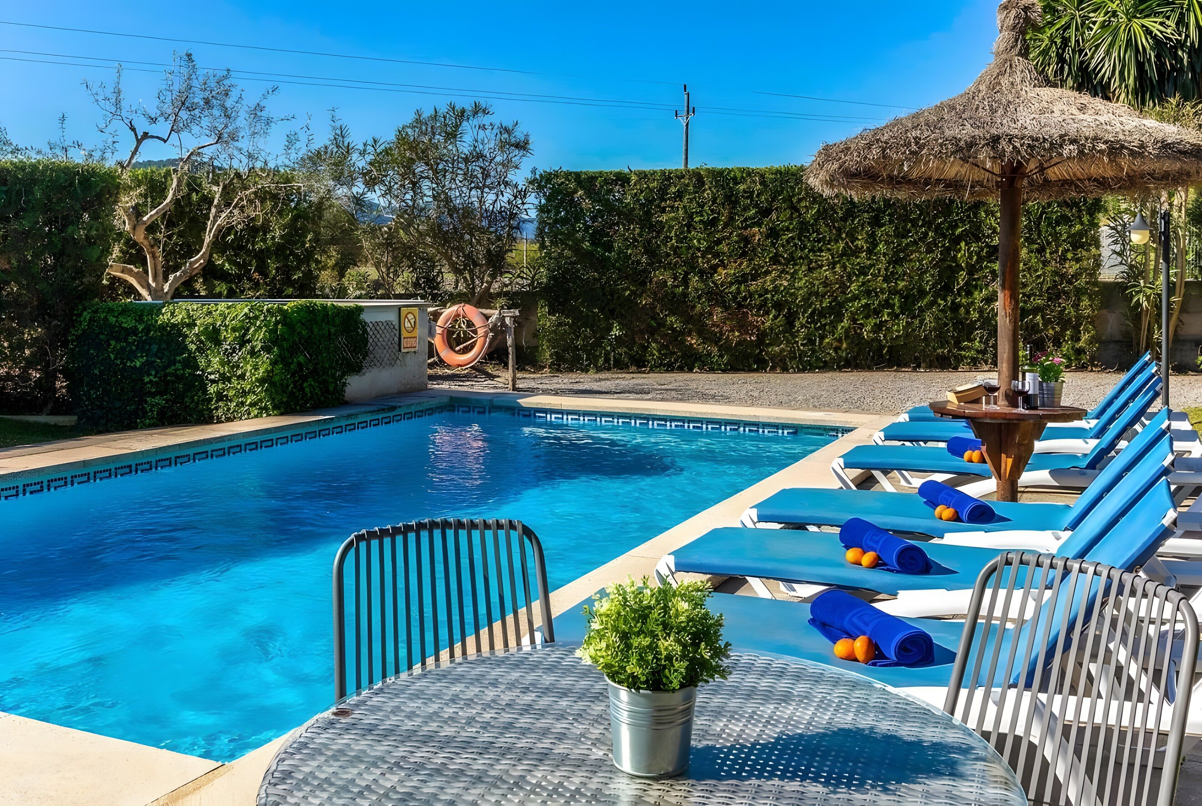 A swimming pool with lounge chairs and a table, surrounded by greenery and a thatched umbrella.