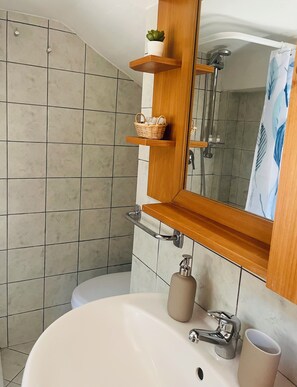 Hair dryer, towels, soap, shampoo