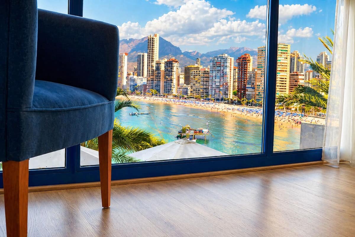 A room with a large window overlooking a beach and cityscape.