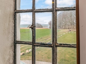 A window with a view of a grassy field, a body of water, and a distant tree line.