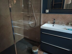 Douche, baignoire à jets, sèche-cheveux, serviettes fournies