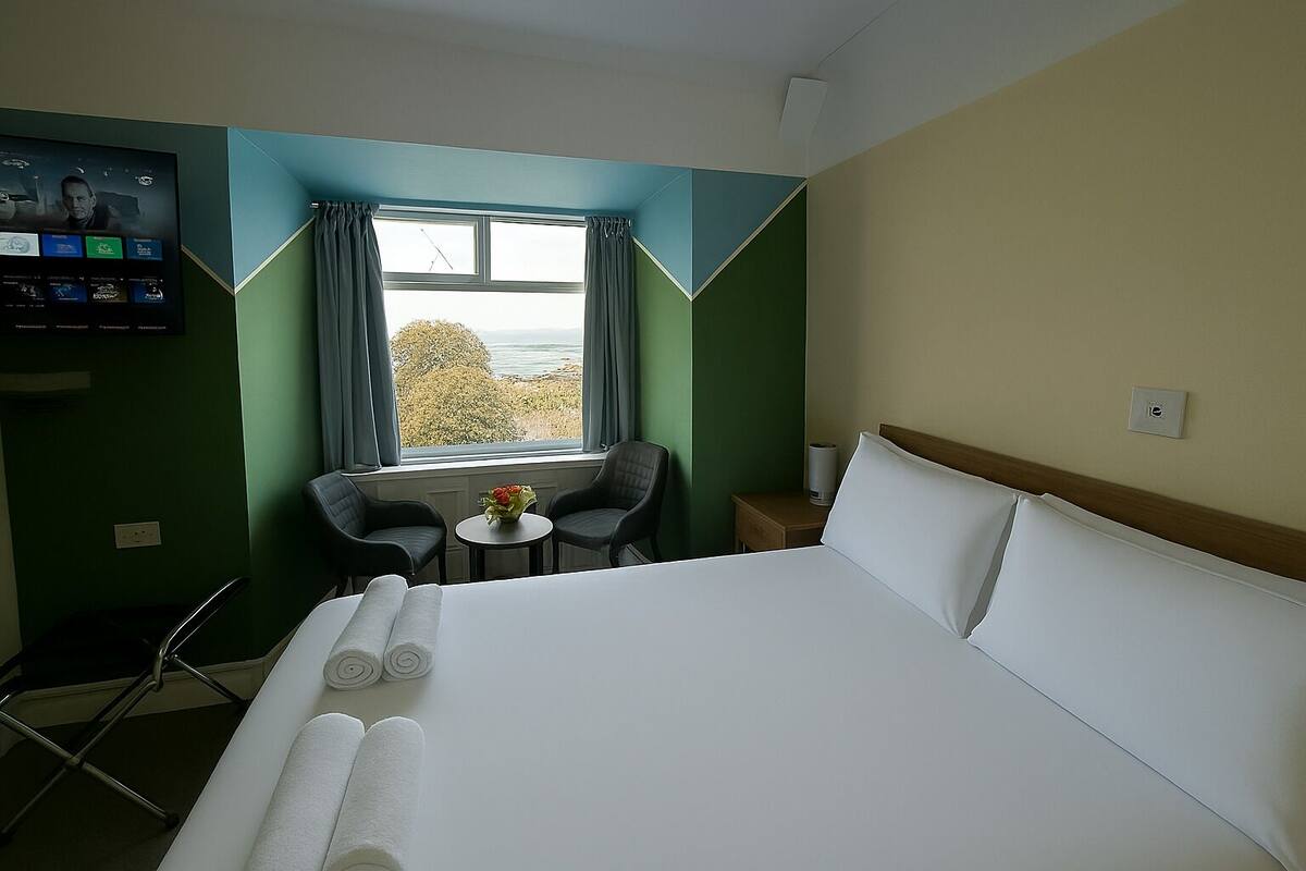 Une chambre d’hôtel avec un lit, une télévision, une petite table avec des chaises et une fenêtre avec des rideaux.