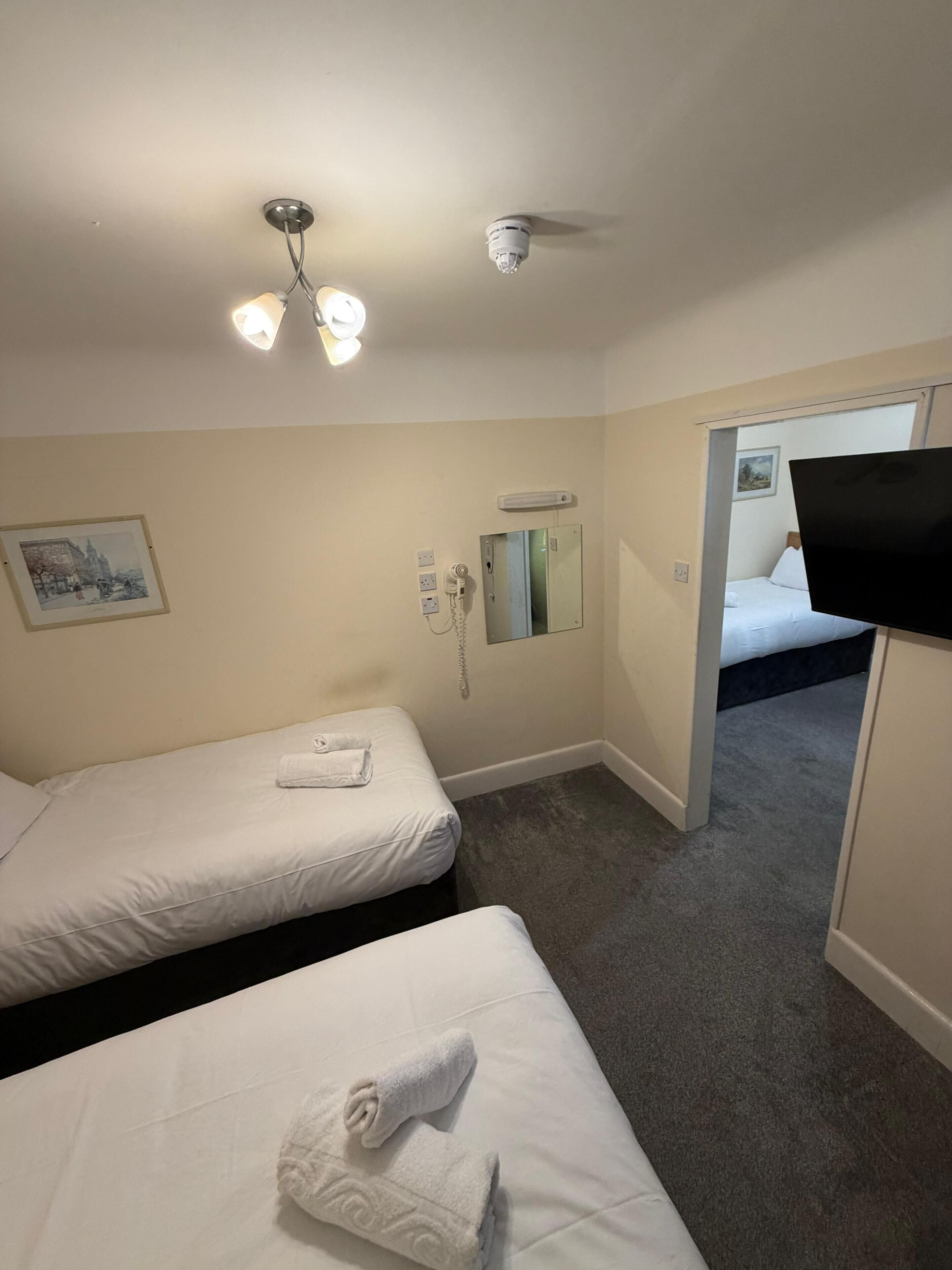 A hotel room with two beds, a television, a ceiling light, a phone, and a painting on the wall.