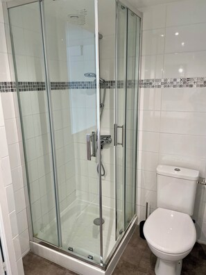 Shower, hair dryer, towels, toilet paper