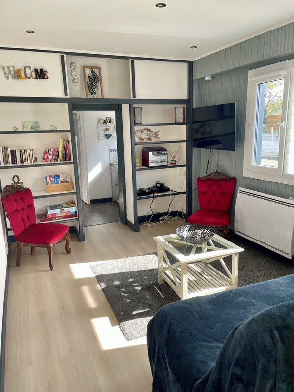 TV, books, music library, stereo