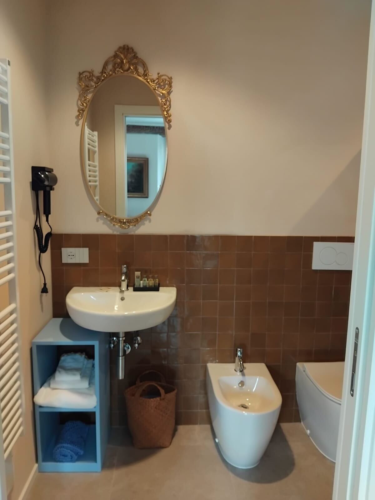 Shower, hair dryer, bidet, towels
