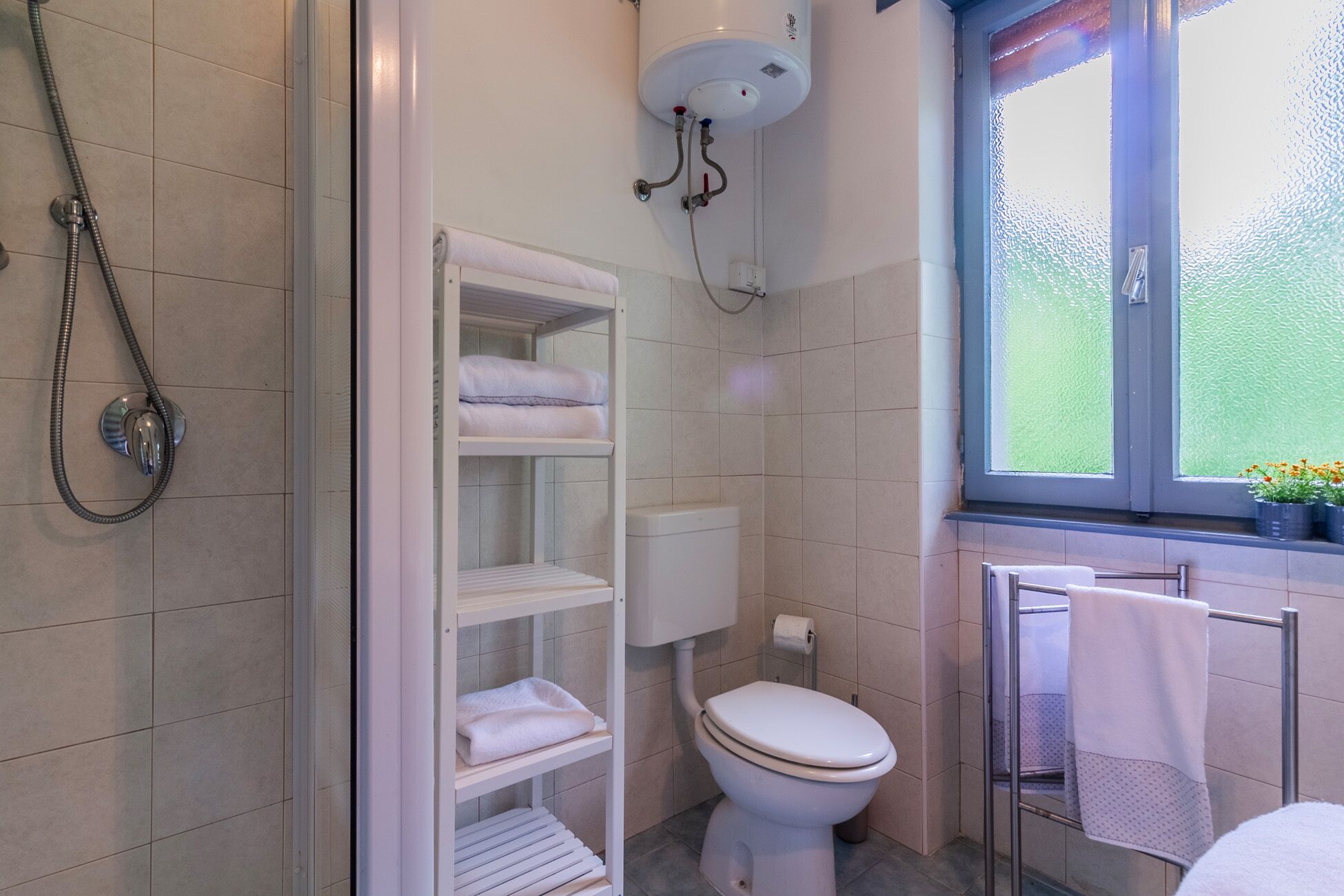 A bathroom with a shower, toilet, and a window with a view.