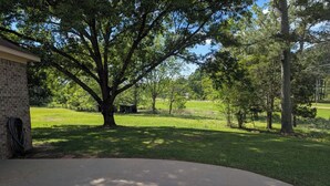 A paved driveway leading to a grassy area with trees, a brick building, and a clear sky. - Fully Equipped Brandon Home — Comfortable & Convenient off Hwy 471 (Brandon)