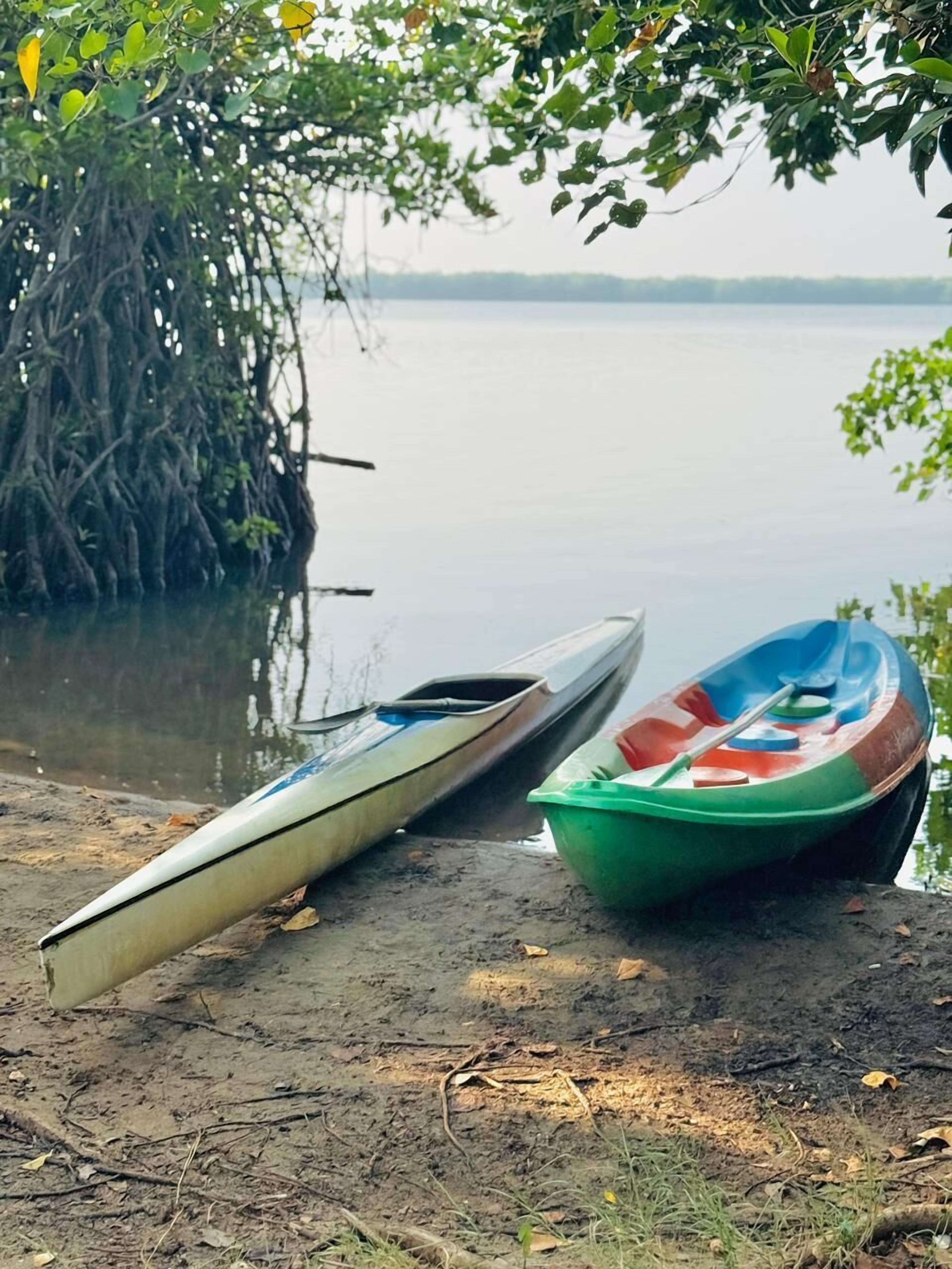 Dos barcos en una orilla arenosa con un cuerpo de agua tranquilo y árboles de mangle al fondo.