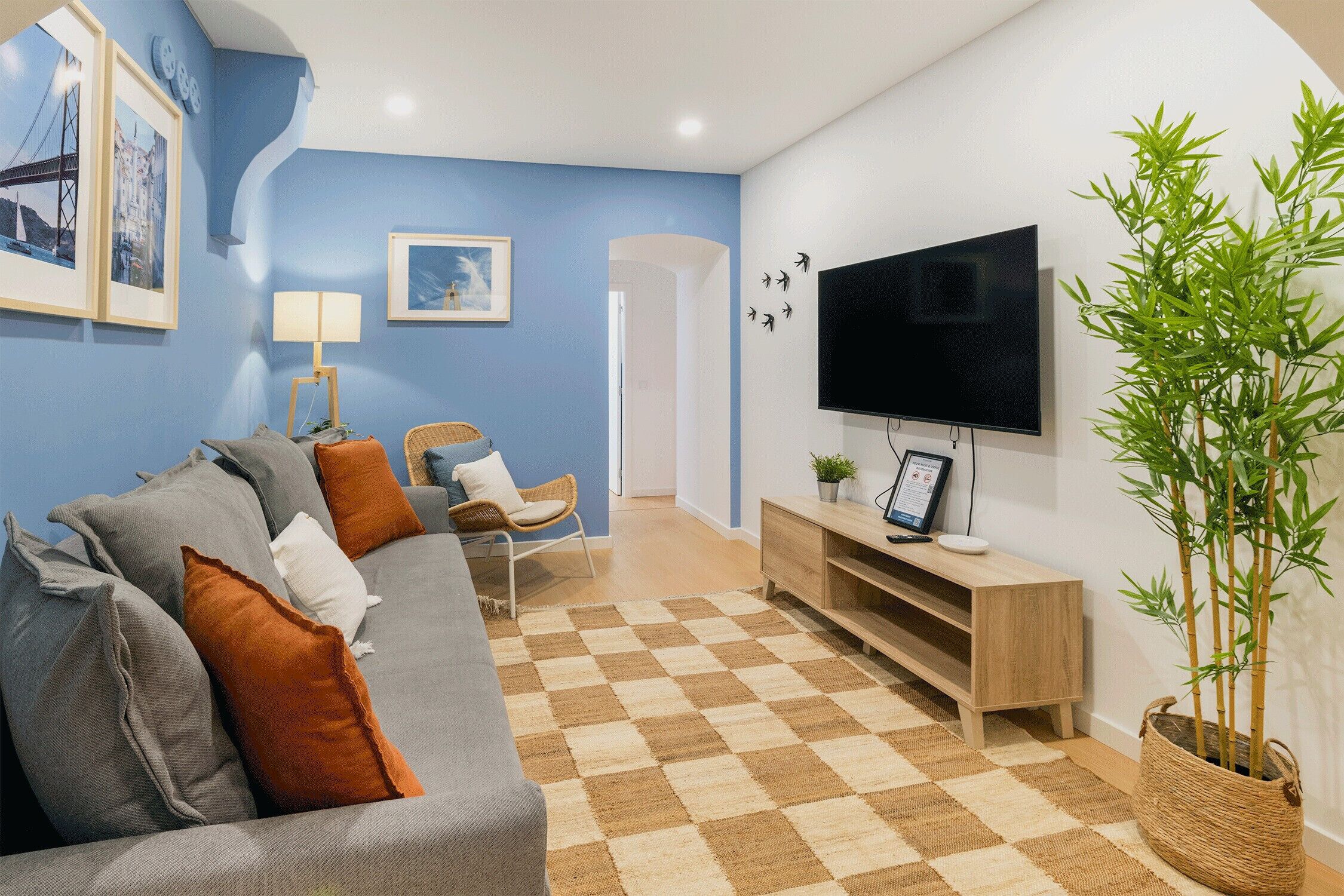 Een woonkamer met een geruit tapijt, een bank, een televisie, een plant en lijstjes op de muur.