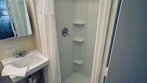 A bathroom with a glass-enclosed shower, a sink, and a mirror.