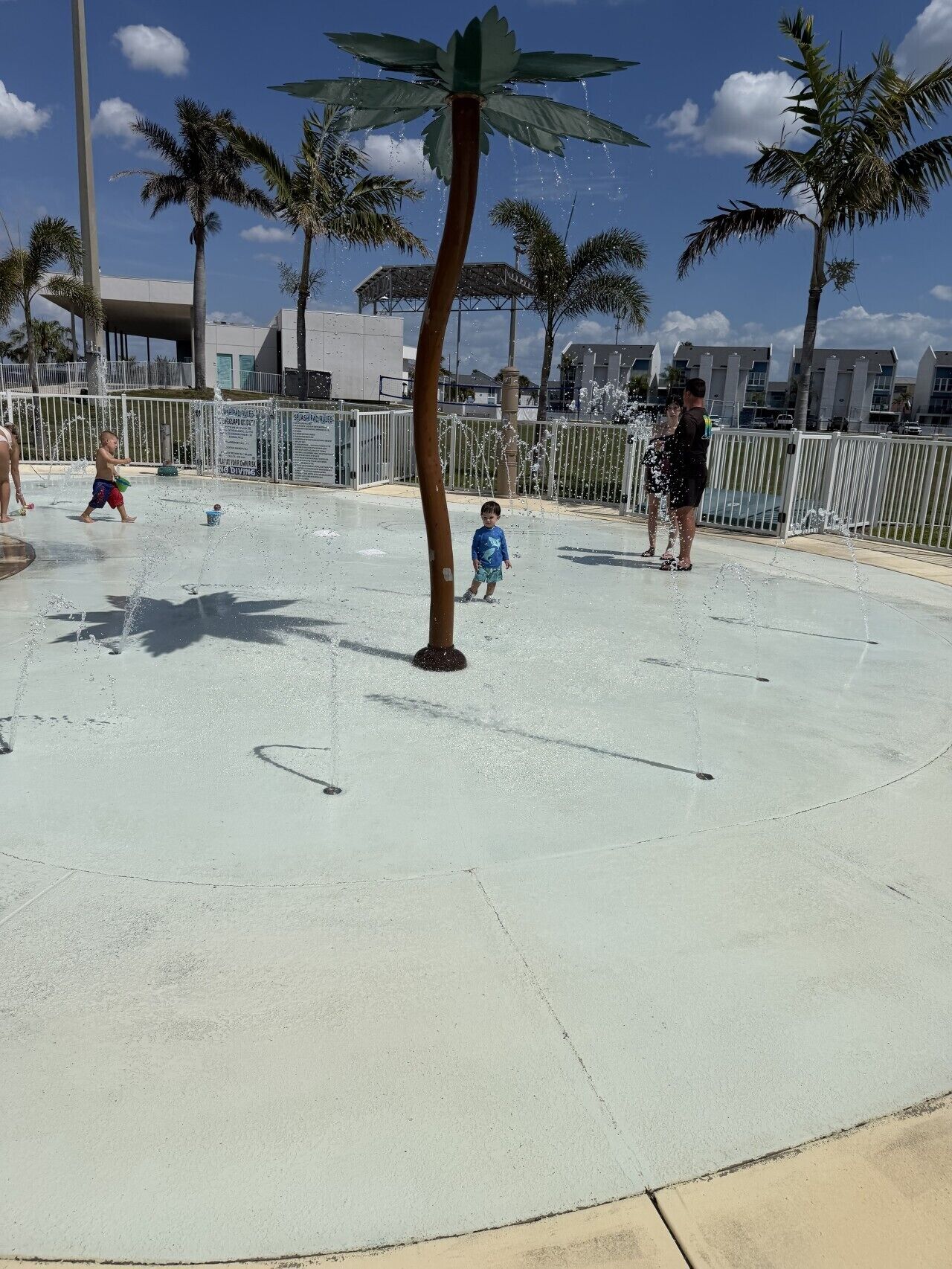 Zona de juegos acuáticos con una fuente central y palmeras a su alrededor.