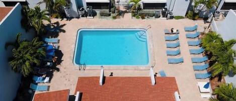 Ein Swimmingpool, umgeben von Liegestühlen und Palmen, mit einem Gebäude im Hintergrund.