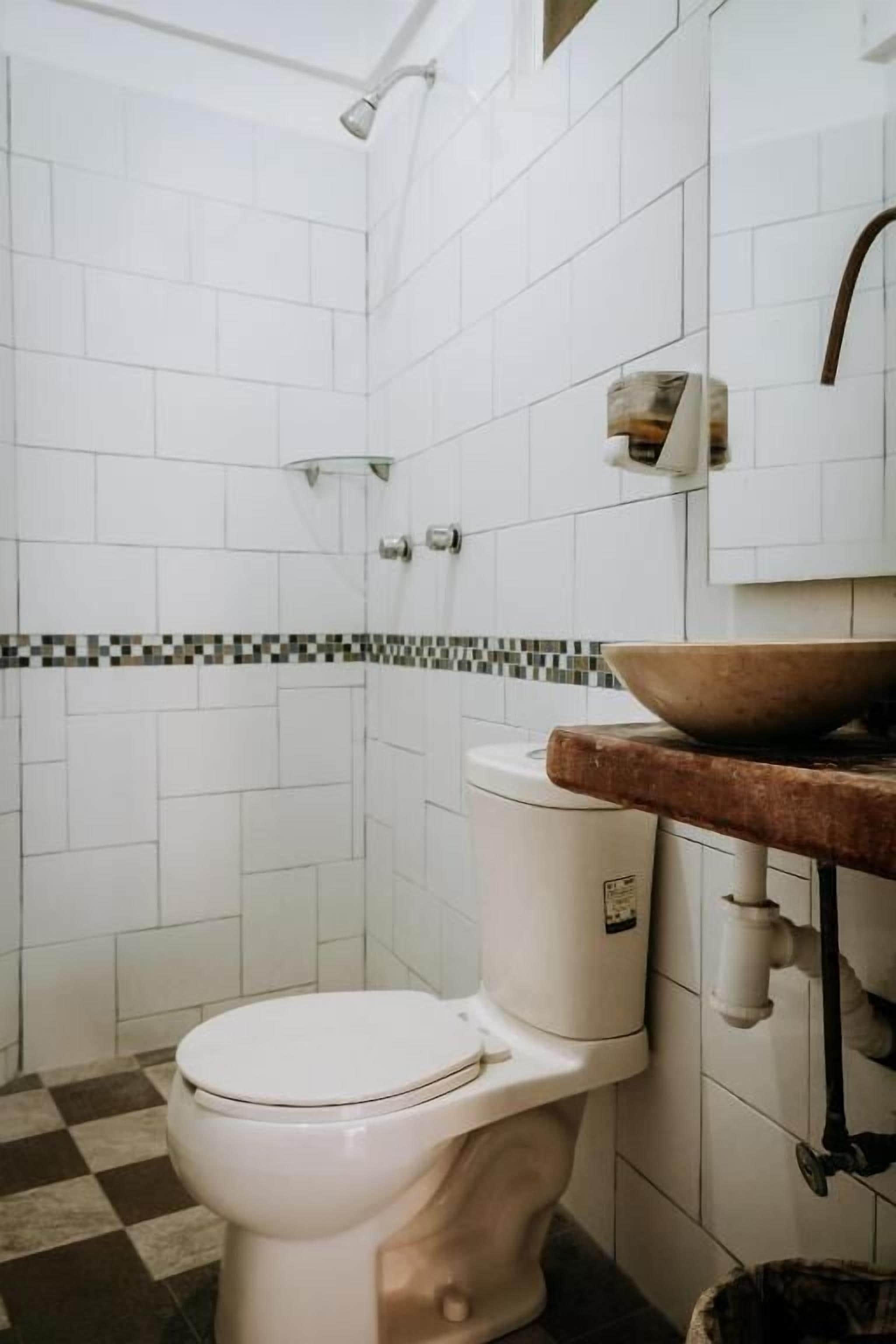 Shower, towels, soap, toilet paper
