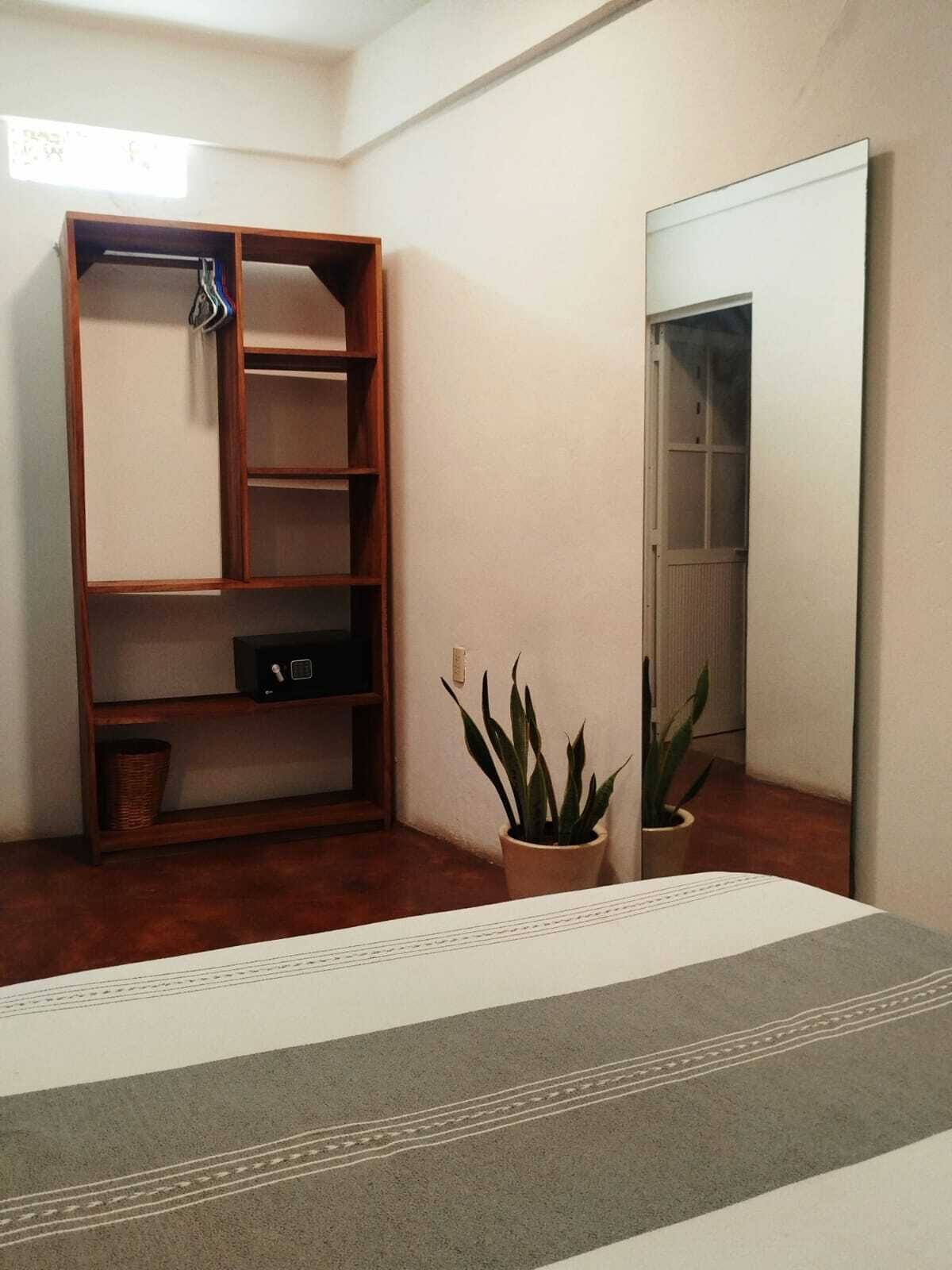 Een kamer met een houten boekenkast, een potplant, een spiegel en een deur.