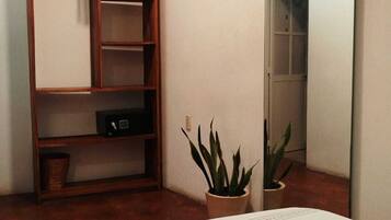 Een kamer met een houten boekenkast, een potplant, een spiegel en een deur.