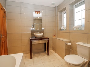 A bathroom with a sink, mirror, toilet, and bathtub. - The Rumbles (Ludlow)