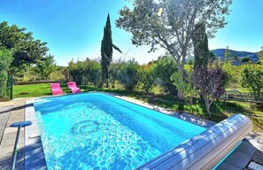 Ein rechteckiger Swimmingpool mit klarem, blauem Wasser, umgeben von einer Rasenfläche mit Bäumen und Sträuchern.
