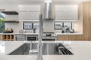 Eine moderne Küche mit Edelstahlgeräten, einer zentralen Kochinsel mit Spüle und Blick ins Freie.