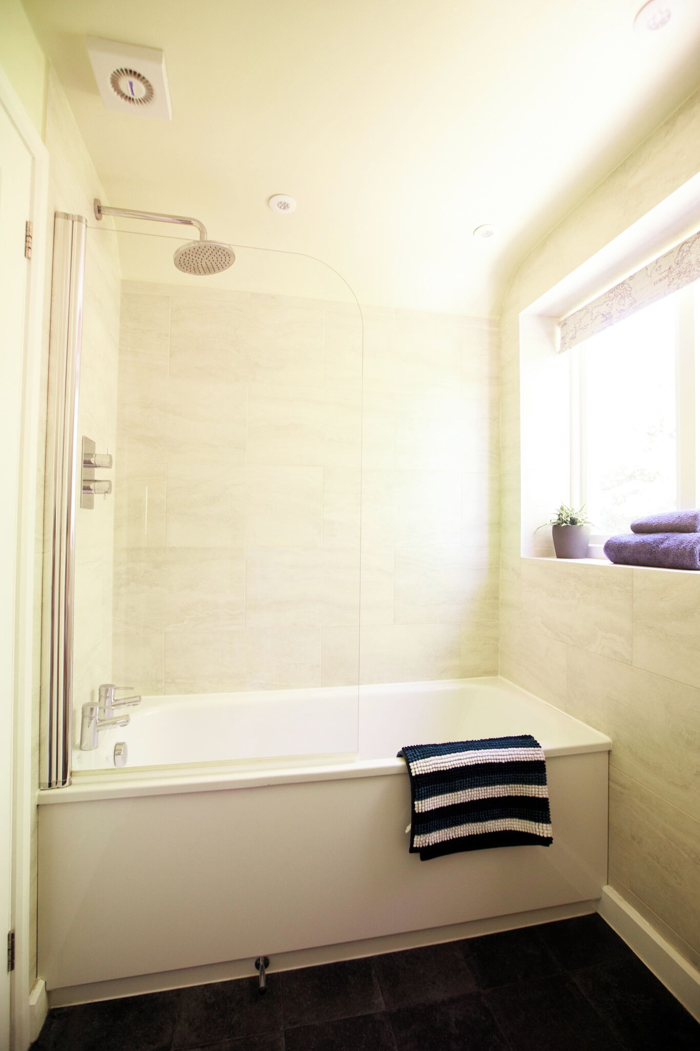A bathroom with a bathtub, a shower, a window with a plant, and a towel rack.