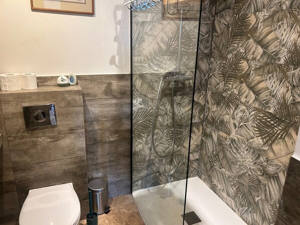 A bathroom with a shower, toilet, and bidet.