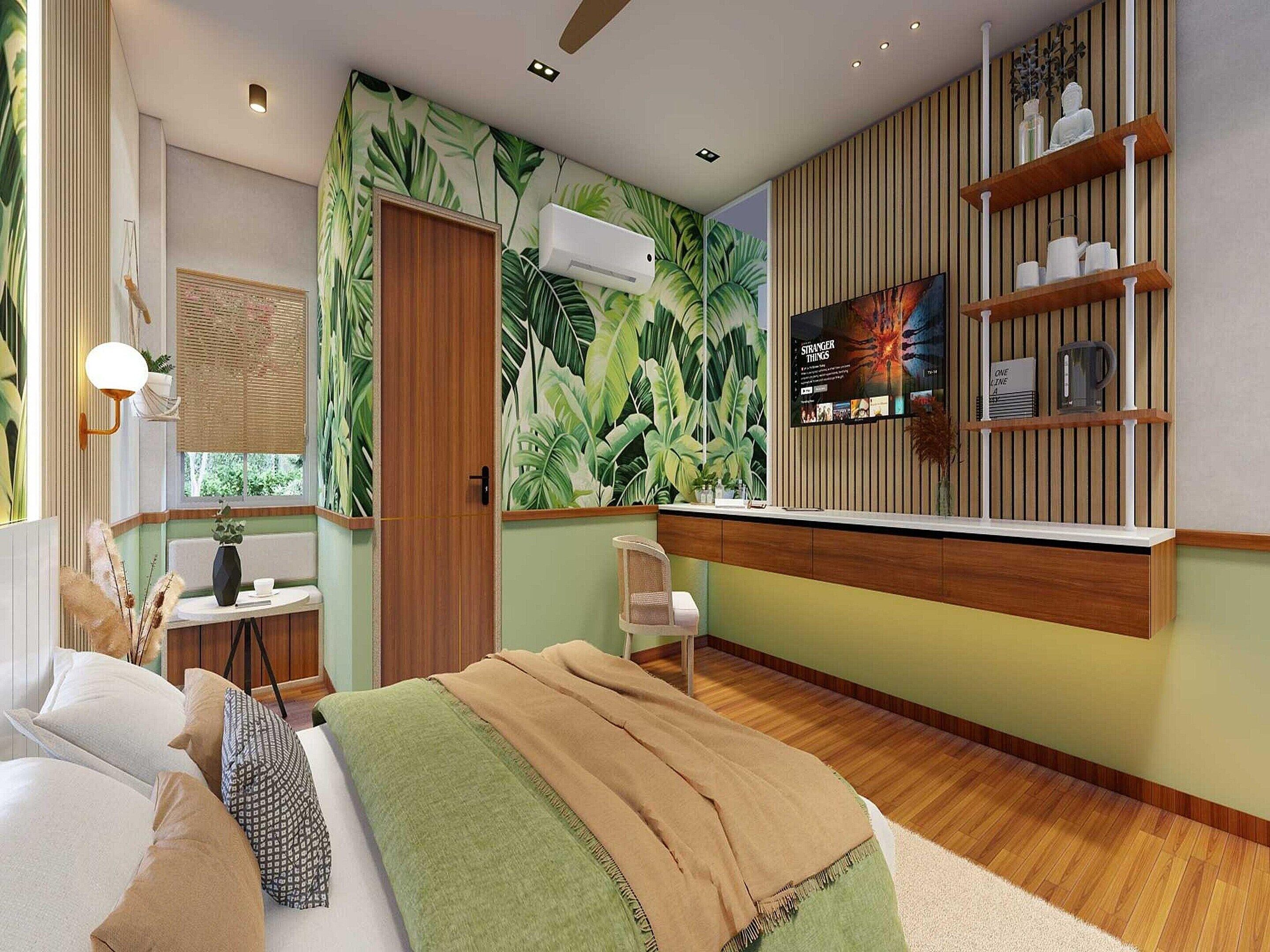 A modern bedroom with a bed, a desk, a chair, a TV, and a shelf with decorative items.