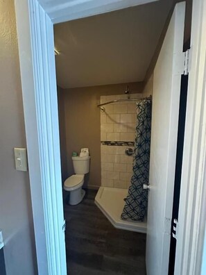 Une salle de bain comprenant des toilettes, une douche et une porte donnant sur une autre pièce.