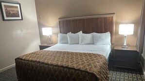 A hotel room with a bed, two bedside lamps, a headboard, a framed picture on the wall, and a patterned rug.