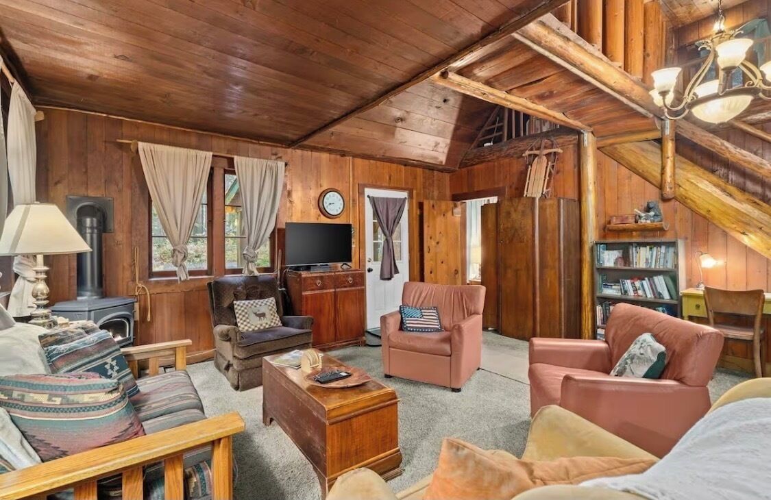 A rustic wooden interior with a fireplace, leather sofas, a television, and a bookshelf.