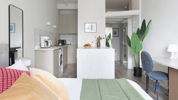 A modern hotel room with a bed, a desk, a chair, a large potted plant, a coffee machine, and a view into the kitchen area. - Stylish Studio in the Heart of Kallio (Helsinki)