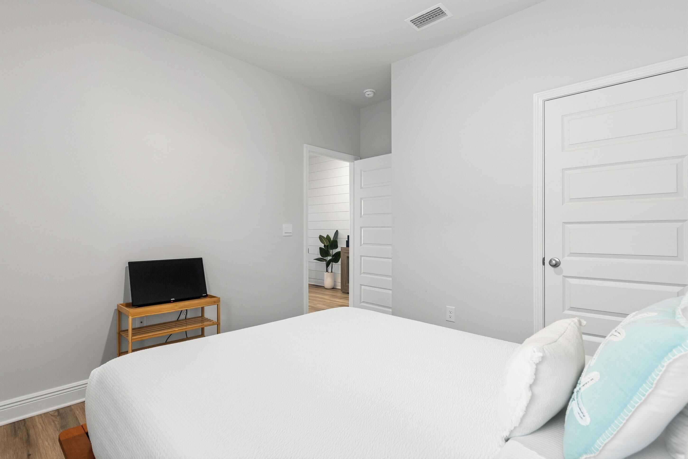 A bedroom with a bed, a TV on a wooden stand, a door, and a plant.