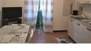 Habitació amb llit, televisió, zona de cuina i finestra amb cortines.