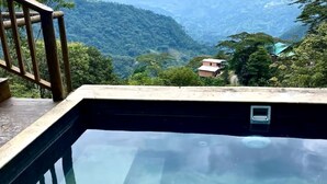 Ein klares Schwimmbecken mit einer Holzterrasse und Blick auf eine gebirgige Landschaft.