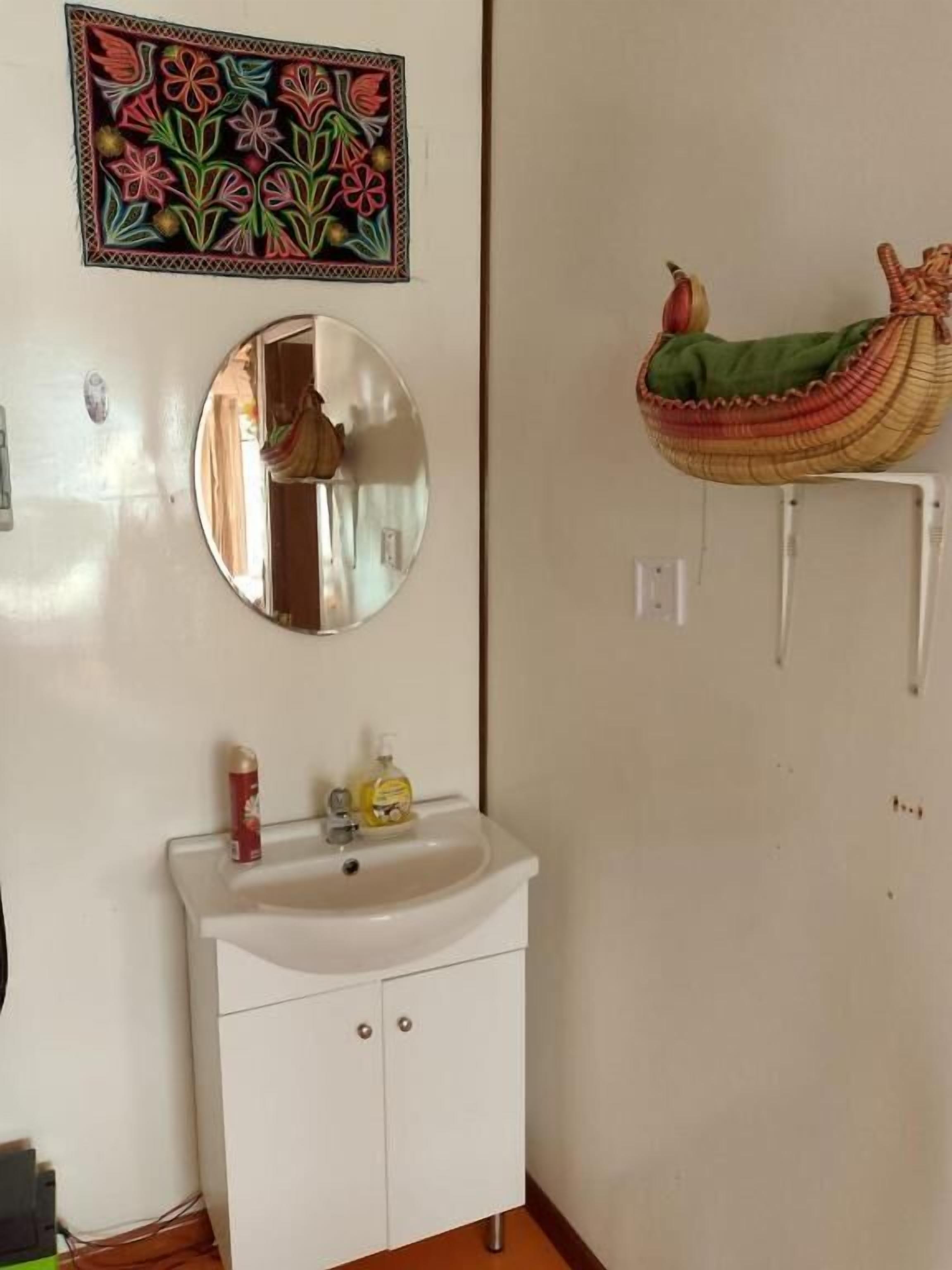 Uma casa de banho com uma pia branca, um espelho, um adorno na parede e uma rede.