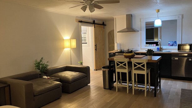 En moderne stue med sofa, spisebord med stole, et køkkenområde med mikroovn og en loftsvifte.