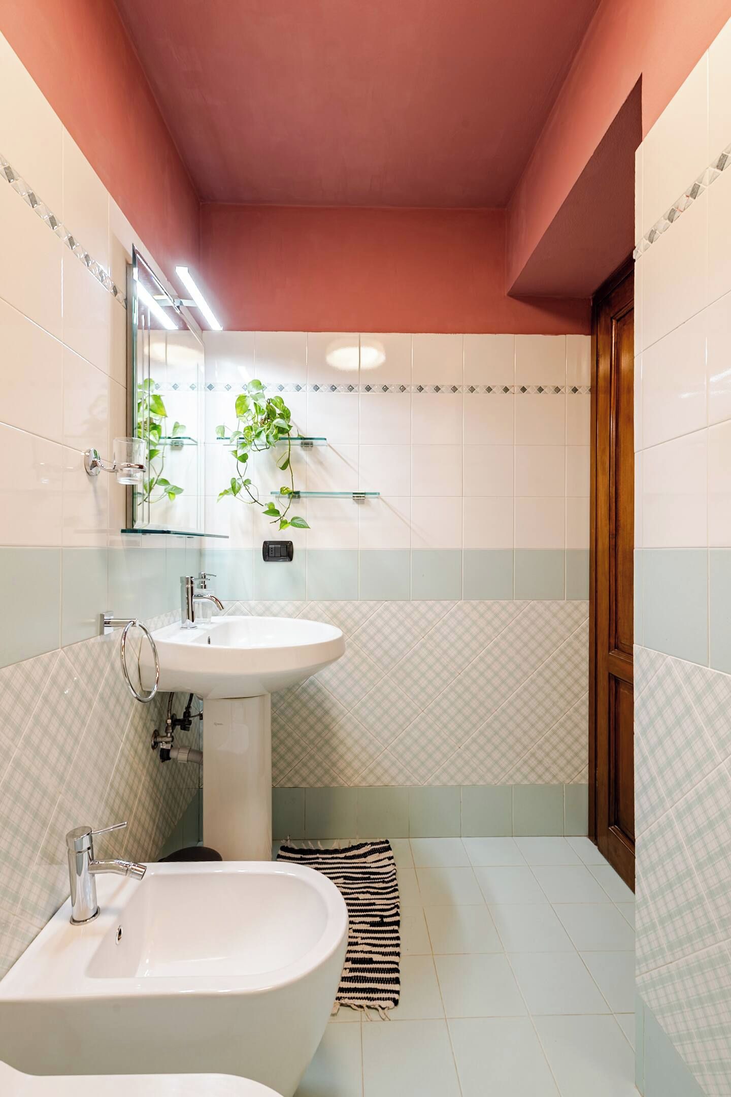 A bathroom with a white sink, a white bathtub, a glass shelf with plants, and a wooden door.