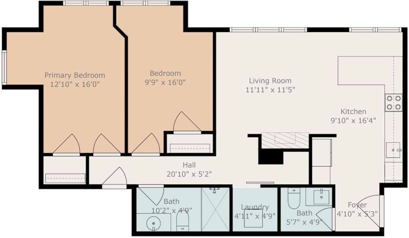 Ein Grundriss mit Hauptschlafzimmer, Gästezimmer, Wohnzimmer, Küche, Flur, zwei Bädern und einer Diele.
