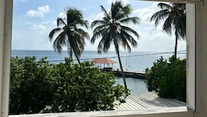 Ein Zimmer mit großem Fenster, das Blick auf einen Strand, Palmen und eine kleine Konstruktion bietet.