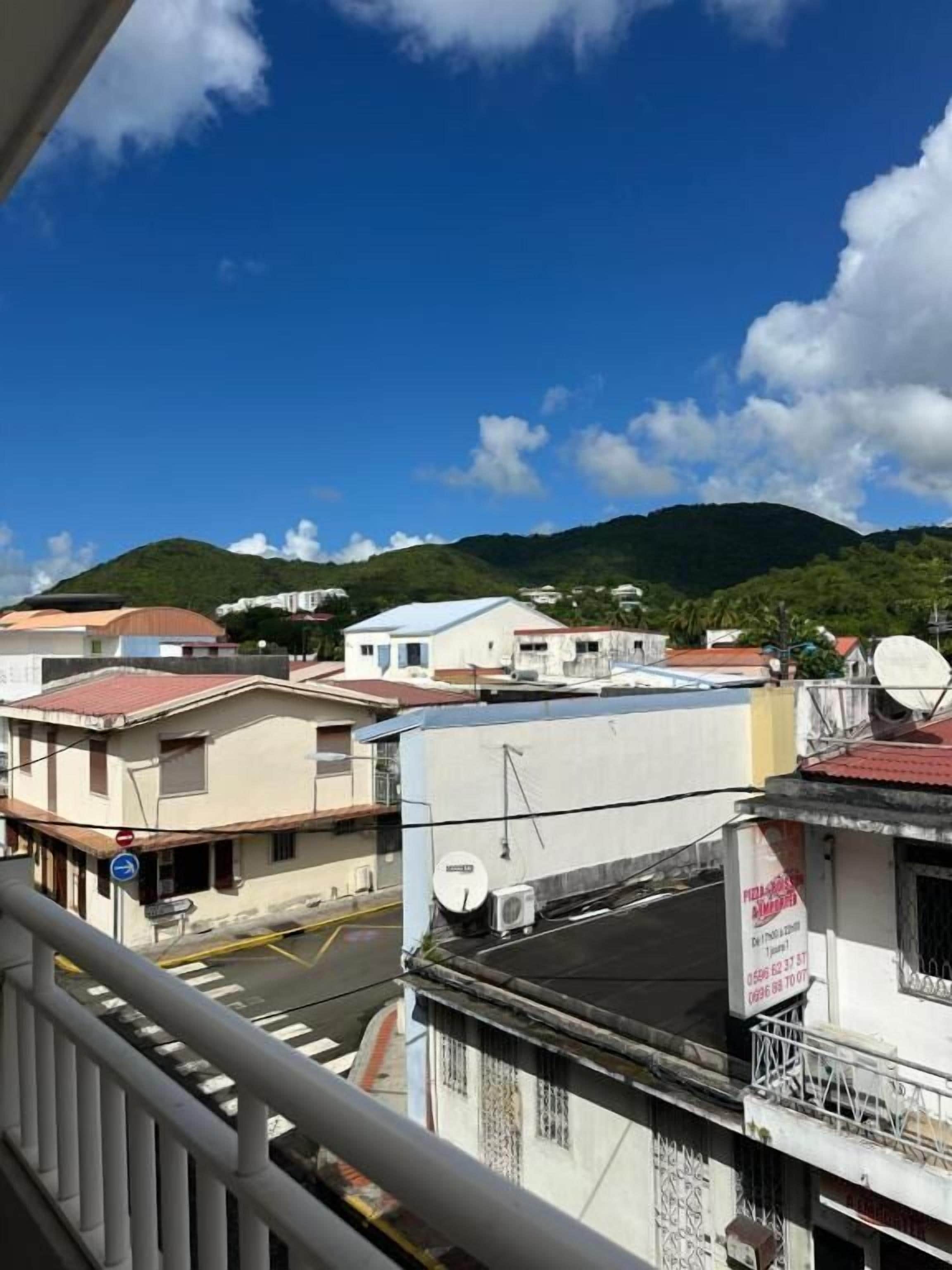 A residential area with houses, a street, and a mountain in the background.