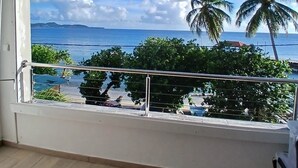 Ein Zimmer mit großem Fenster mit Blick auf einen Strand, Palmen und das Meer.