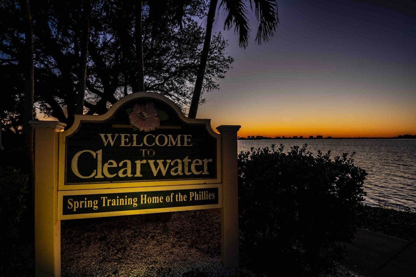 A sign welcoming visitors to Clearwater, mentioning it as the Spring Training Home of the Phillies.