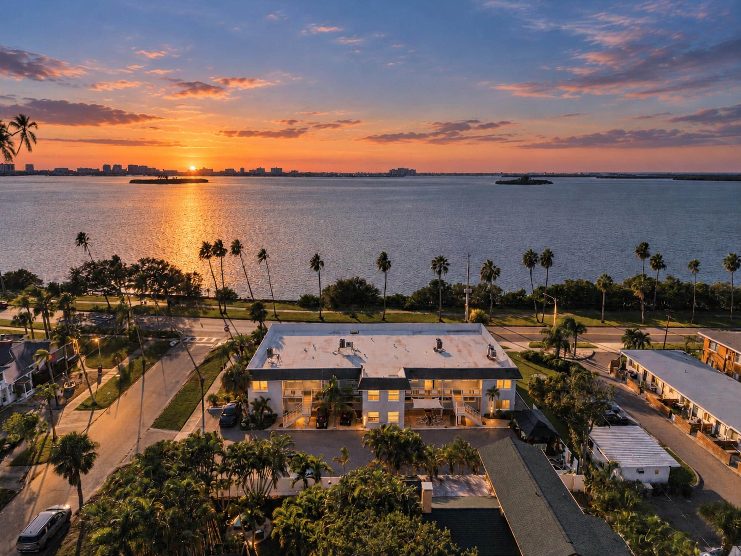 A hotel with a flat roof, multiple balconies, and a view of the sunset over the water.