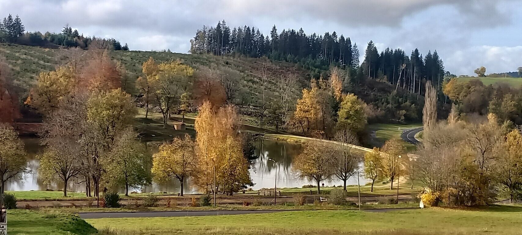 Un parque con un lago, árboles y un puente.